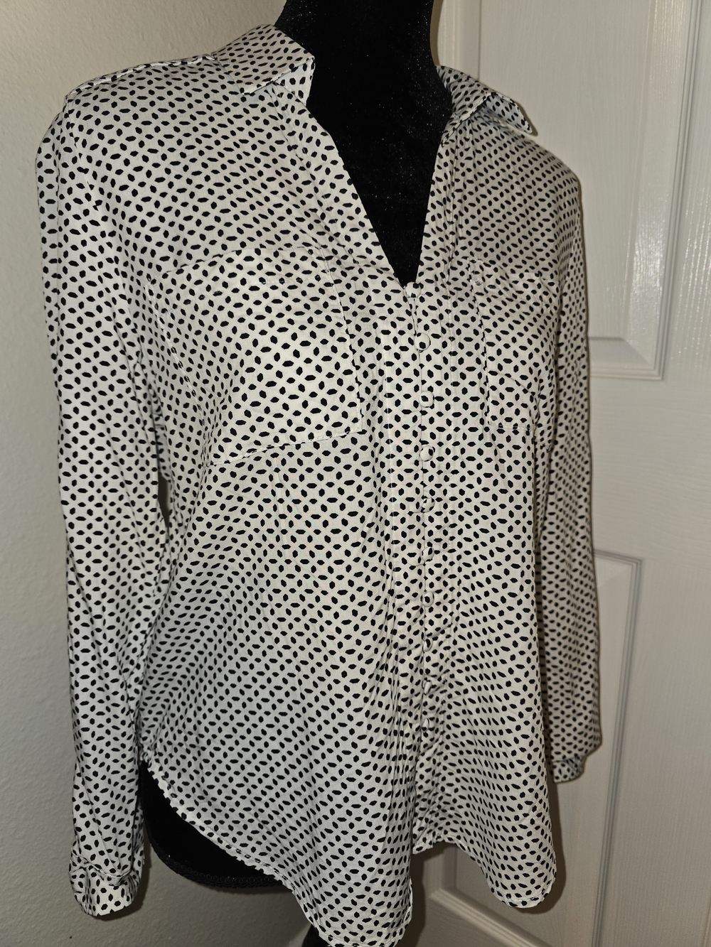 Velvet Heart White Button-Down Blouse with Black Dot Print